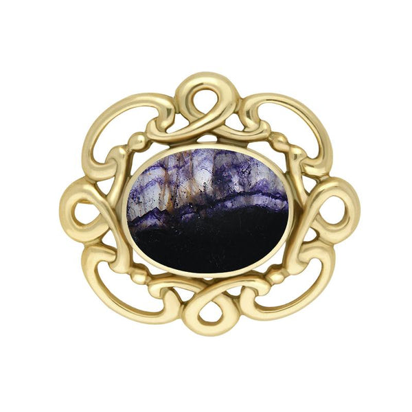 9ct Yellow Gold Blue John Twisted Rope Edge Brooch M120
