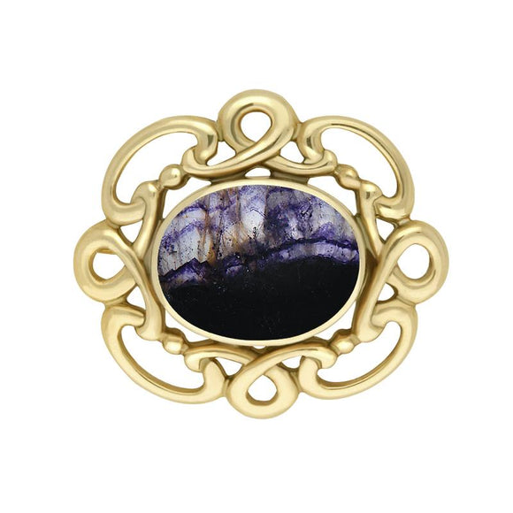 9ct Yellow Gold Blue John Twisted Rope Edge Brooch M120