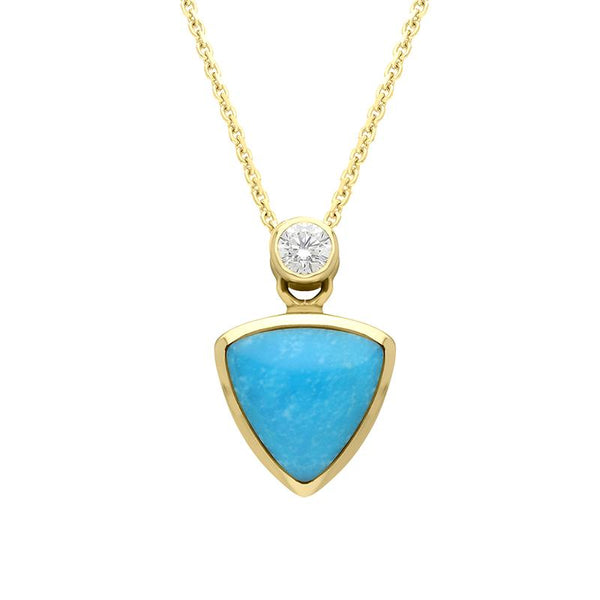 00029534 18ct Yellow Gold Turquoise Diamond Curved Triangle Necklace. p989c
