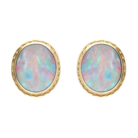 00067019 9ct Yellow Gold Opal Rope Edged Stud Earrings, E023