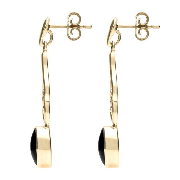 00071566 C W Sellors 9ct Yellow Gold Whitby Jet Scroll Drop Earrings, E089.