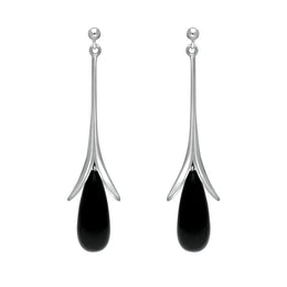 00074198 C W Sellors Sterling Silver Whitby Jet Split Flute Dropper Earrings. E285