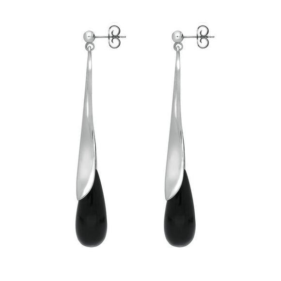 00074198 C W Sellors Sterling Silver Whitby Jet Split Flute Dropper Earrings. E285