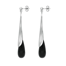 00074198 C W Sellors Sterling Silver Whitby Jet Split Flute Dropper Earrings. E285