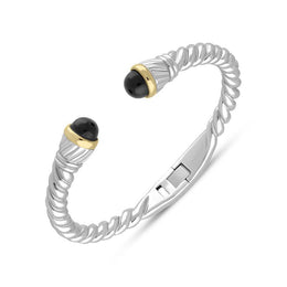 00090409 Sterling Silver Whitby Jet Bead Hinged Torc Twist Bangle, B737