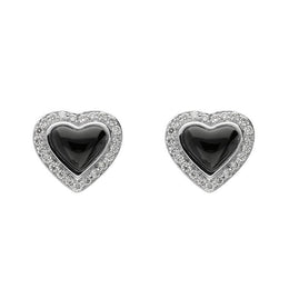 00103398 18ct White Gold Whitby Jet 0.14ct Diamond Edge Heart Stud Earrings, KRG-083