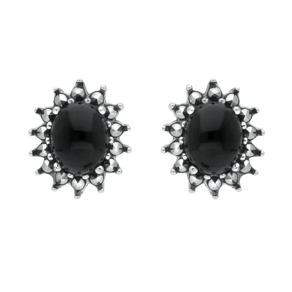 Sterling Silver Whitby Jet Marcasite Oval Beaded Edge Stud Earrings E2149