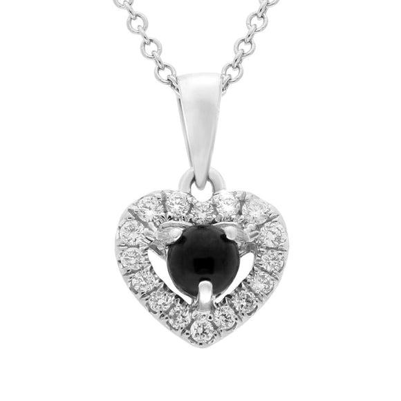 00143693 C W Sellors 18ct White Gold Whitby Jet 0.13ct Diamond Claw Set Heart Necklace, P3001.
