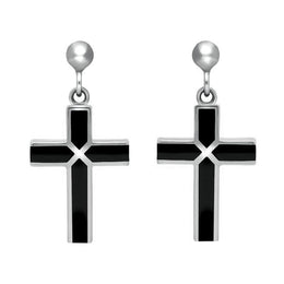 00152741  C W Sellors Sterling Silver Whitby Jet 4 Stone Cross Drop Earrings, E1435.