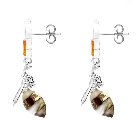 Sterling Silver Amber Bee Honeycomb Drop Earrings E2426