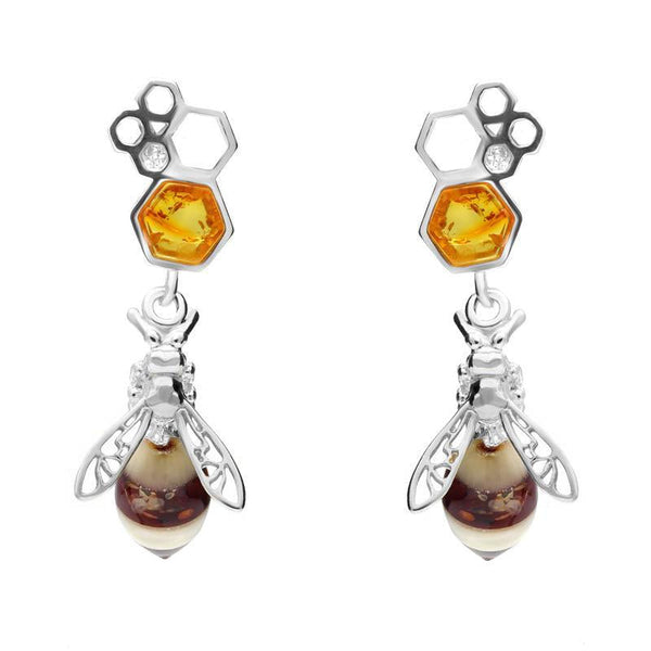 Sterling Silver Amber Bee Honeycomb Drop Earrings E2426
