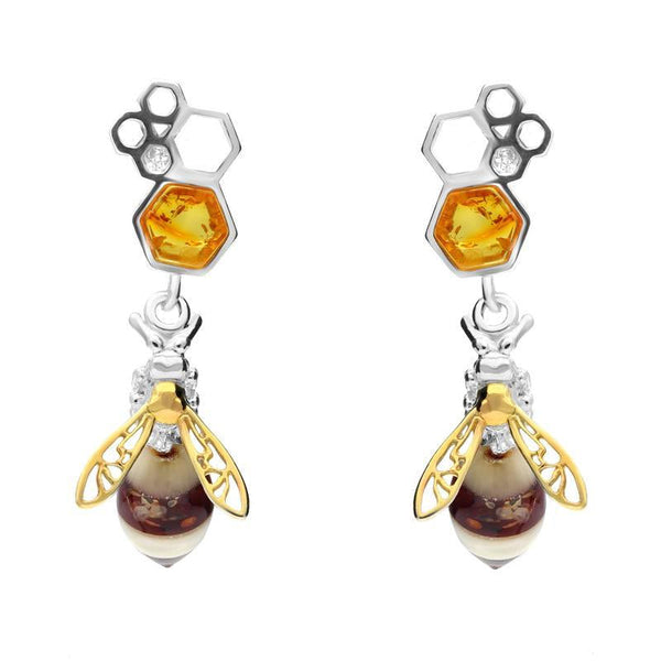 00166574 C W Sellors 9ct Yellow Gold Sterling Silver Amber Bee and Honeycomb Drop Earrings, E2426.
