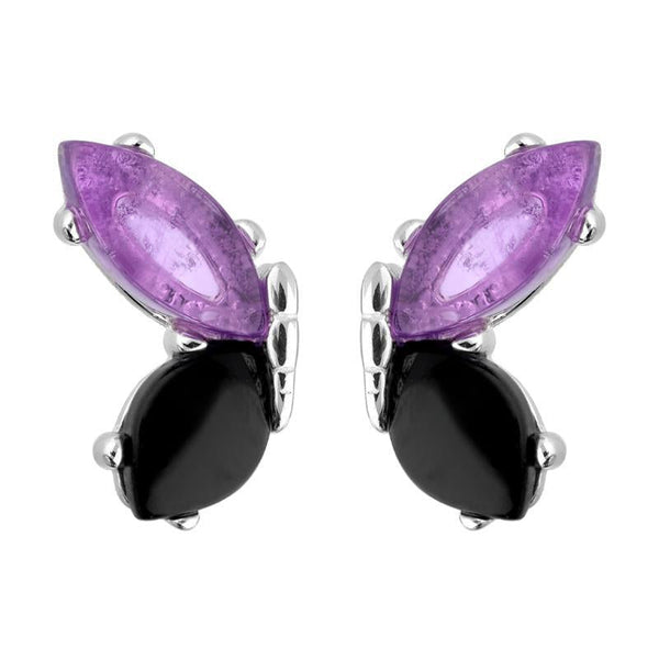 Sterling Silver Whitby Jet Amethyst Two Stone Butterfly Stud Earrings E2496