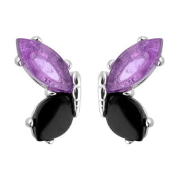 Sterling Silver Whitby Jet Amethyst Two Stone Butterfly Stud Earrings E2496