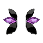 Sterling Silver Whitby Jet Amethyst Three Leaf Stud Earrings E2498