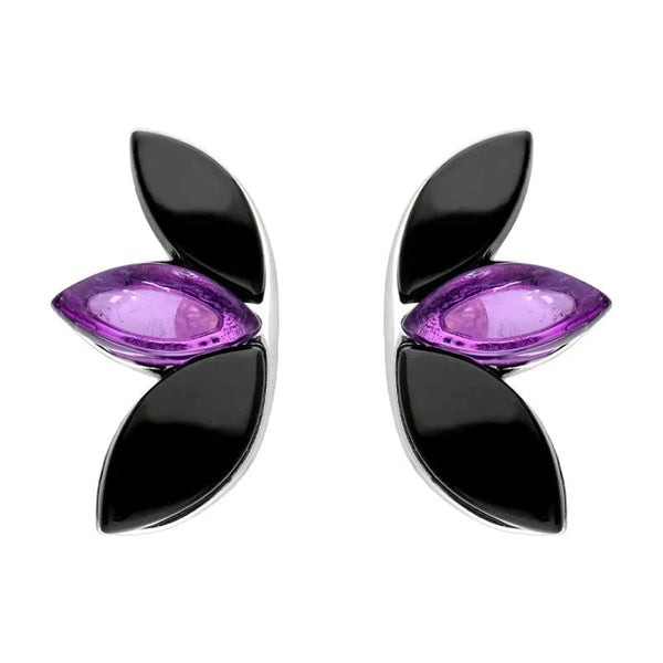 Sterling Silver Whitby Jet Amethyst Three Leaf Stud Earrings E2498
