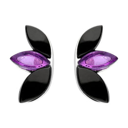 Sterling Silver Whitby Jet Amethyst Three Leaf Stud Earrings E2498