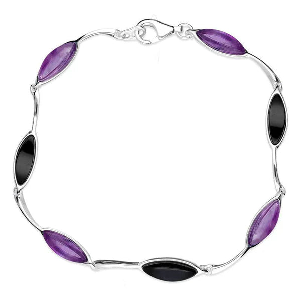 Sterling Silver Whitby Jet Amethyst Seven Stone Leaf Bracelet B1158