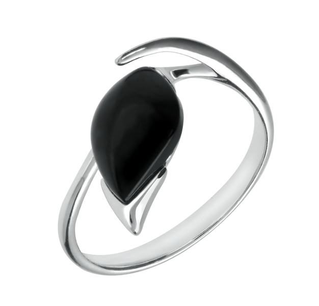00177580 C W Sellors Sterling Silver Whitby Jet Pear Wave Shank Ring R1209