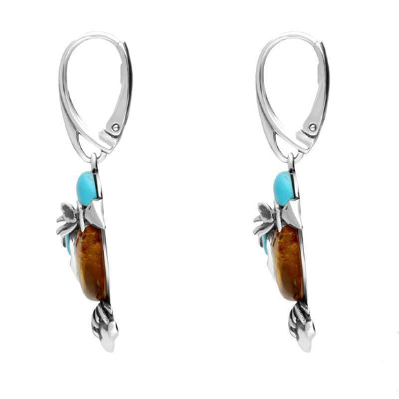 Sterling Silver Amber Turquoise Kingfisher Hook Drop Earrings E2524