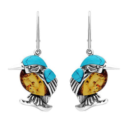Sterling Silver Amber Turquoise Kingfisher Hook Drop Earrings E2524