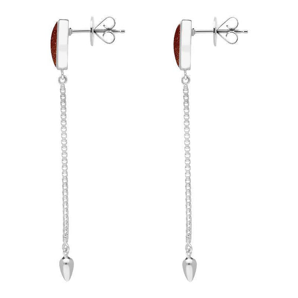 Sterling Silver Brown Goldstone Lineaire Long Drop Stud Earrings. E2240.