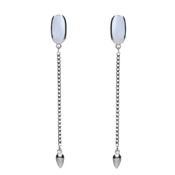 Sterling Silver Chalcedony Lineaire Long Drop Stud Earrings. E2240.