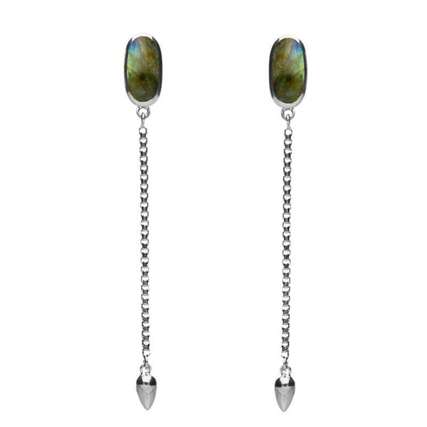 Sterling Silver Labradorite Lineaire Long Drop Stud Earrings. E2240.