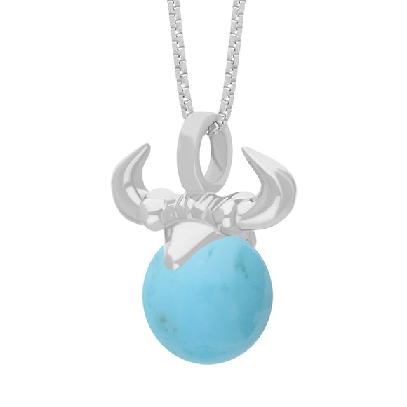 18ct White Gold Turquoise Zodiac Taurus 10mm Bead Pendant, P3621.