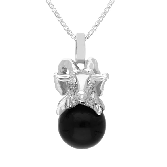 18ct White Gold Whitby Jet Zodiac Aries 10mm Bead Pendant, P3620.