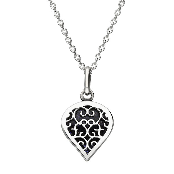18ct White Gold Blue Goldstone Flore Filigree Small Heart Necklace. P3629.