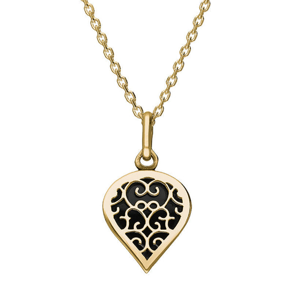 18ct Yellow Gold Whitby Jet Flore Filigree Small Heart Necklace. P3629.
