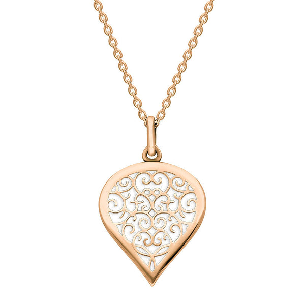 18ct Rose Gold Bauxite Flore Filigree Medium Heart Necklace. P3630.
