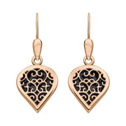 18ct Rose Gold Blue Goldstone Flore Filigree Heart Drop Earrings. E2588.