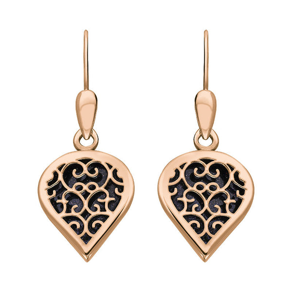 18ct Rose Gold Blue Goldstone Flore Filigree Heart Drop Earrings. E2588.