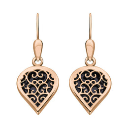 18ct Rose Gold Blue Goldstone Flore Filigree Heart Drop Earrings. E2588.