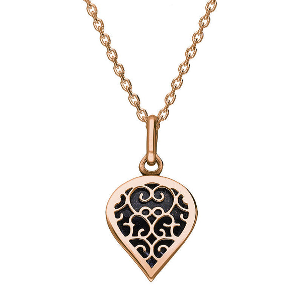 18ct Rose Gold Blue Goldstone Flore Filigree Small Heart Necklace. P3629.