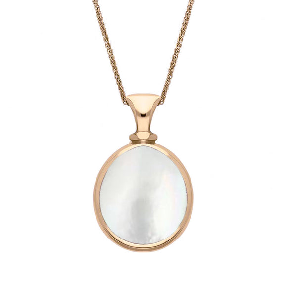 18ct Rose Gold Blue John White Mother Of Pearl Small Double Sided Pear Fob Necklace, P220.