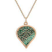 18ct Rose Gold Malachite Flore Filigree Large Heart Necklace. P3631.