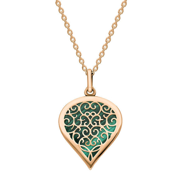 18ct Rose Gold Malachite Flore Filigree Medium Heart Necklace. P3630.