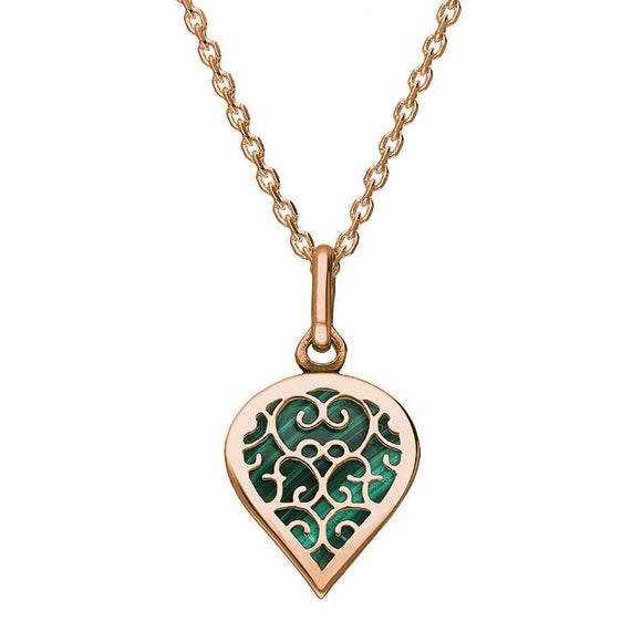 18ct Rose Gold Malachite Flore Filigree Small Heart Necklace. P3629.
