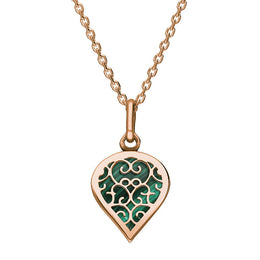 18ct Rose Gold Malachite Flore Filigree Small Heart Necklace. P3629.