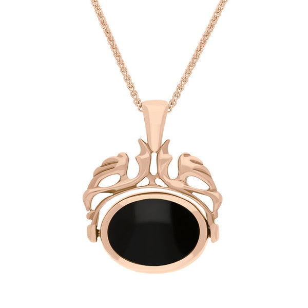 18ct Rose Gold Whitby Jet Blue John Double Sided Oval Swivel Fob Necklace, P104_4.