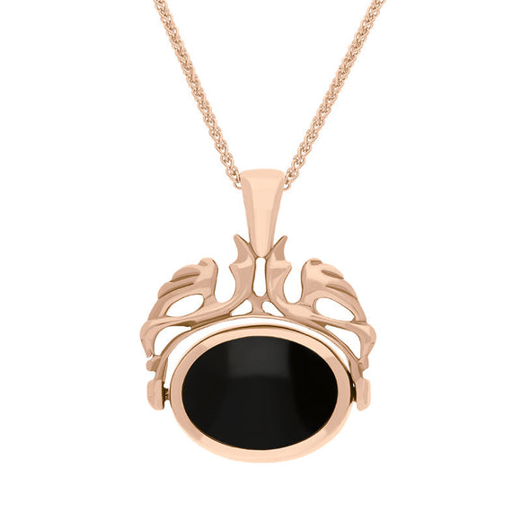 18ct Rose Gold Whitby Jet Blue John Double Sided Oval Swivel Fob Necklace, P104_4.