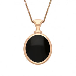 18ct Rose Gold Whitby Jet Turquoise Small Double Sided Oval Fob Necklace, P219_2.