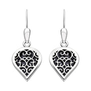 18ct White Gold Blue Goldstone Flore Filigree Heart Drop Earrings. E2588.