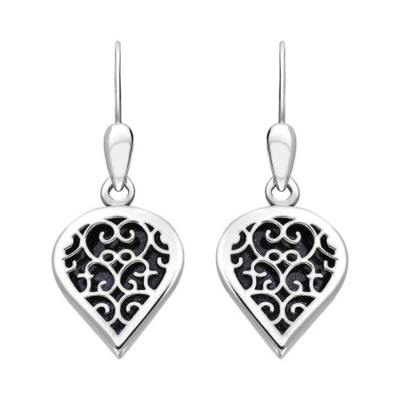 18ct White Gold Blue Goldstone Flore Filigree Heart Drop Earrings. E2588.