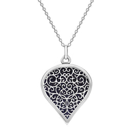 18ct White Gold Blue Goldstone Flore Filigree Large Heart Necklace. P3631.