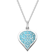 18ct White Gold Turquoise Flore Filigree Medium Heart Necklace. P3630.