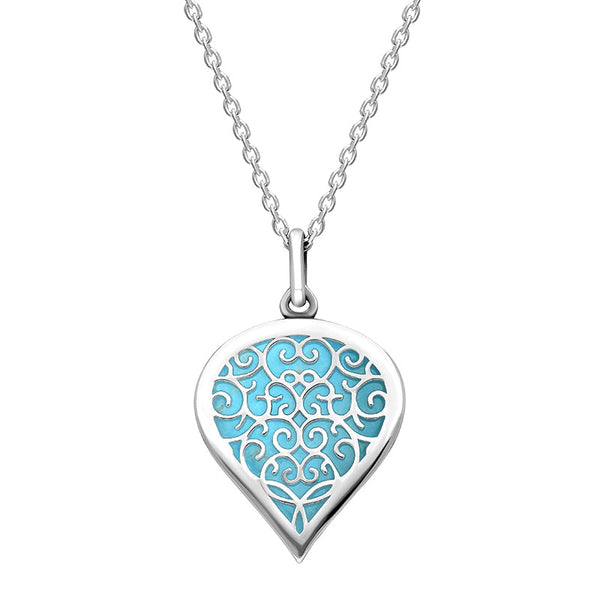18ct White Gold Turquoise Flore Filigree Medium Heart Necklace. P3630.